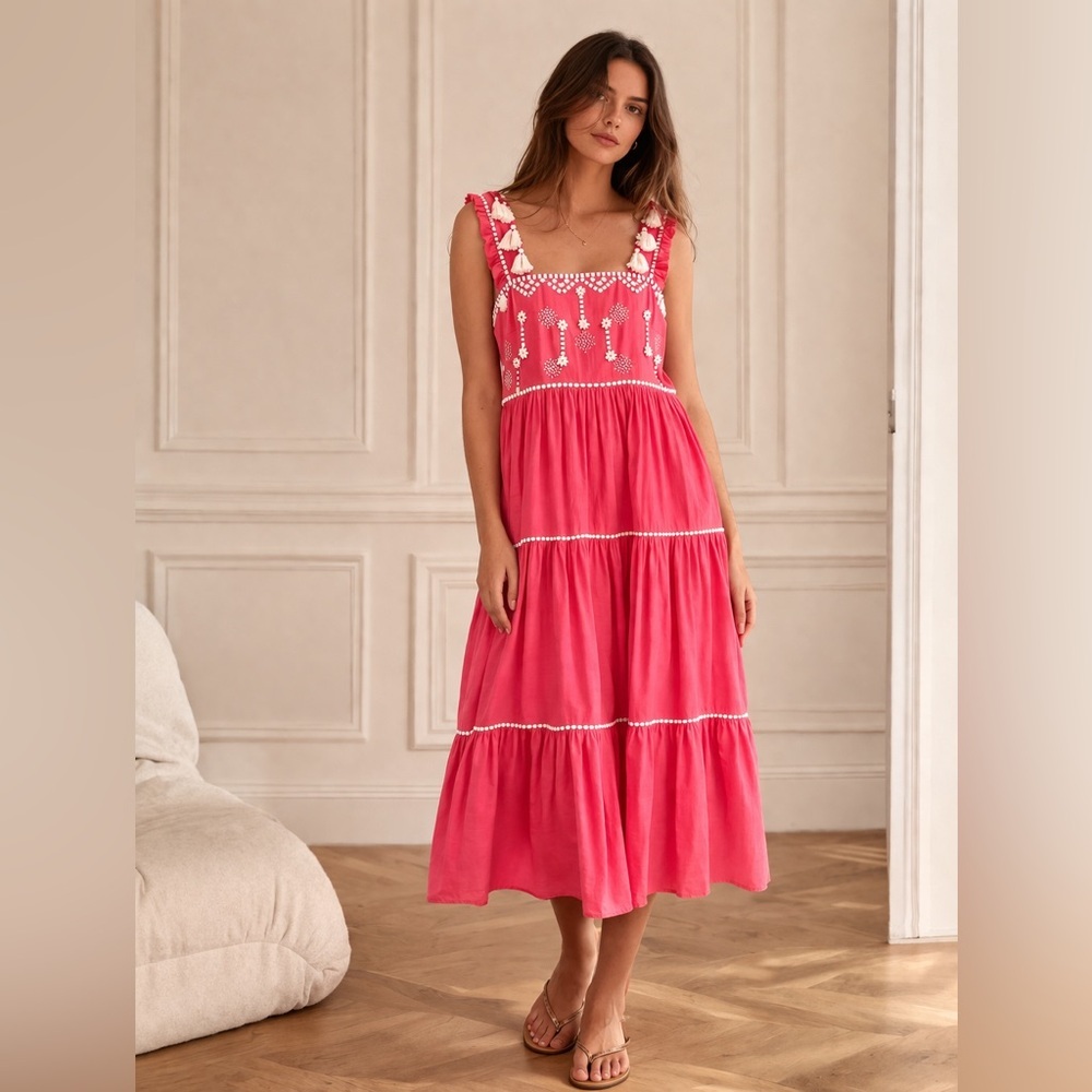 Ranna Gill Pink Tassel Boho Tiered Summer Cottagecore Embroidered Midi Dress - Picture 9 of 9